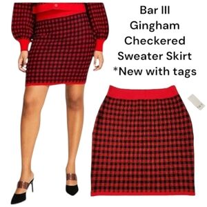 NWT Bar III Red Black Gingham Checkered Sweater Skirt L Holiday Knit Mini Macy’s